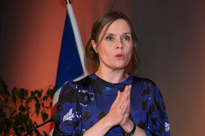 Katrín ávarpaði stuðningsfólk sitt eftir að fyrstu tölur fóru að detta í hús.