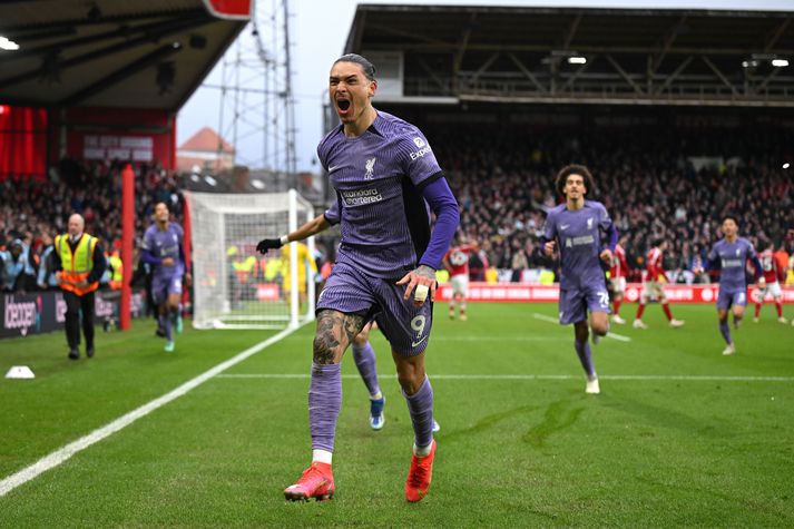 Darwin Nunez fagnar sigurmarki sínu fyrir Liverpool á móti Nottingham Forest um síðustu helgi.