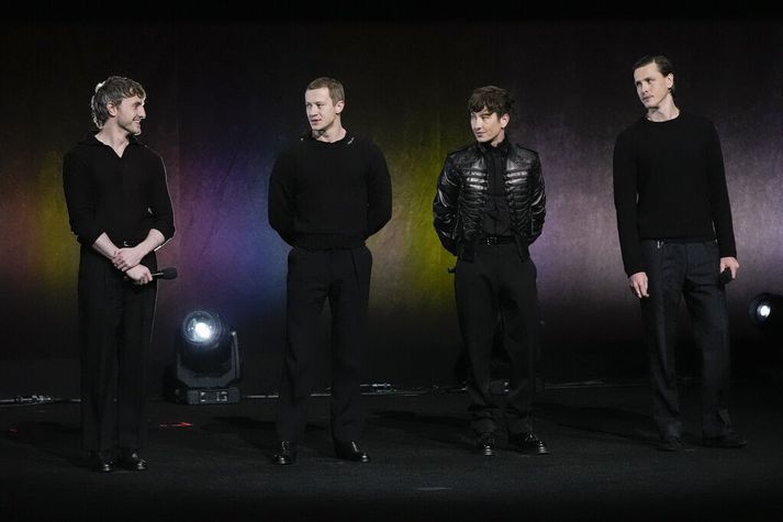 Paul Mescal (Paul), Joseph Quinn (George), Barry Keoghan (Ringo) og Harris Dickinson (John) á sviðinu á CinemaCon í Caesars Palace í Las Vegas í gær. 