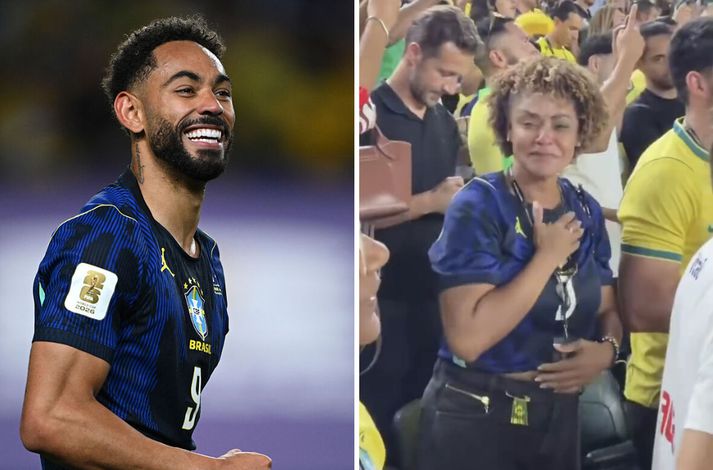 Matheus Cunha brosti breitt til mömmu sinnar sem var að rifna úr stolti uppi í stúku.