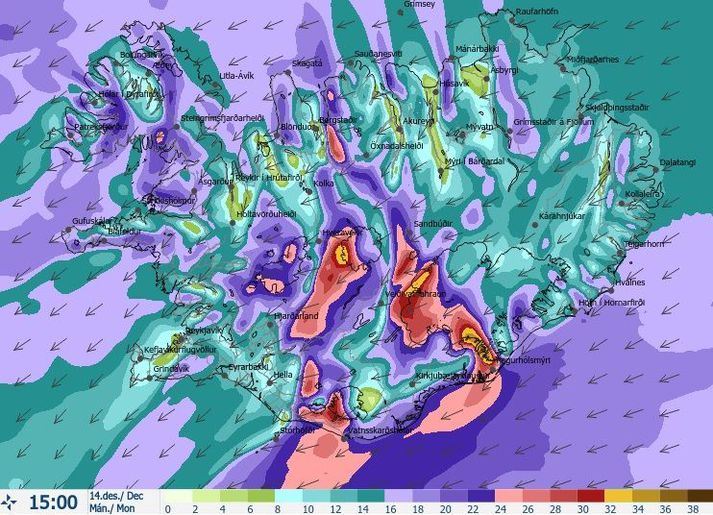 Vindaspá Veðurstofunnar fyrir klukkan 15 í dag.