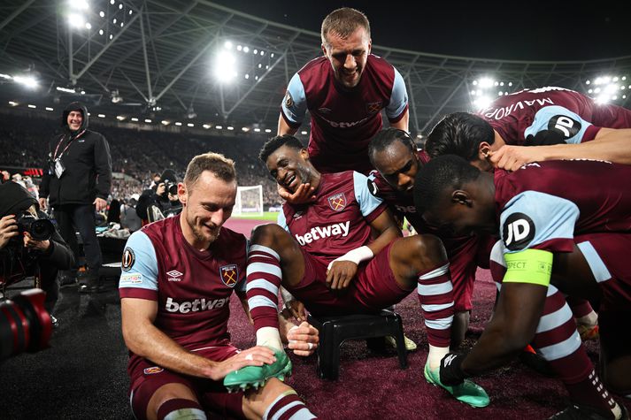 Leikmenn West Ham fagna hér öðru marka Mohammed Kudus í kvöld.