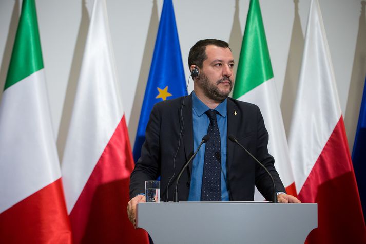 Matteo Salvini, innanríkisráðherra Ítalíu, á fréttamannafundi í Varsjá í dag.