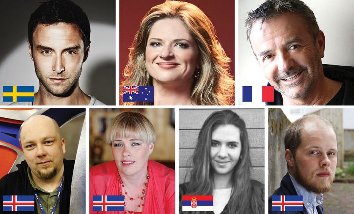 Måns Zelmerlöw, Julia Zemiro, Bruno Berberes, Þórður Helgi Þórðarson, Andrea Gylfadóttir, Milica Fajgelj og Snorri Helgason.