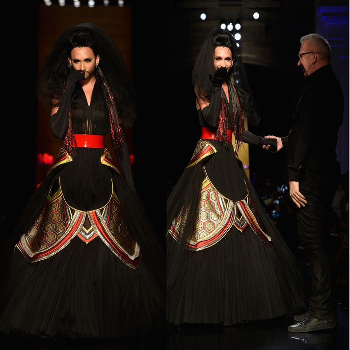 Conchita Wurst tók sig vel út á tískupöllunum með Jean Paul Gaultier.