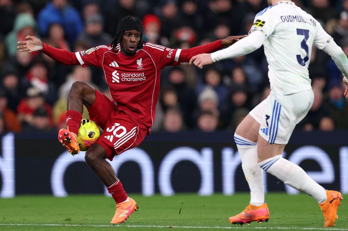 Jeremie Frimpong í leik Liverpool og Leeds United á Anfield í dag.