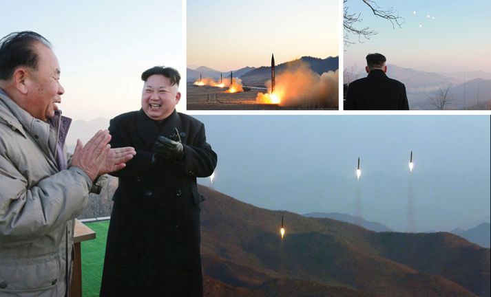 Kim Jong Un fylgdist með skotunum.