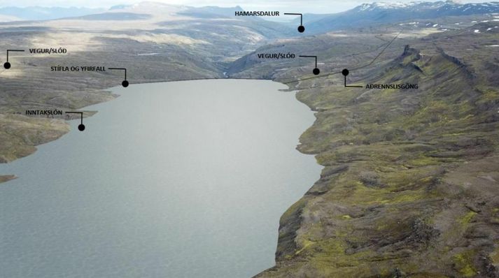 Skýringarmyndin sýnir lón ofan Hamarsdals sem myndi fylgja 60 megavatta Hamarsvirkjun. Verkefnisstjórn rammaáætlunar leggst gegn þessum virkjunarkosti og vill setja svæðið í verndarflokk.
