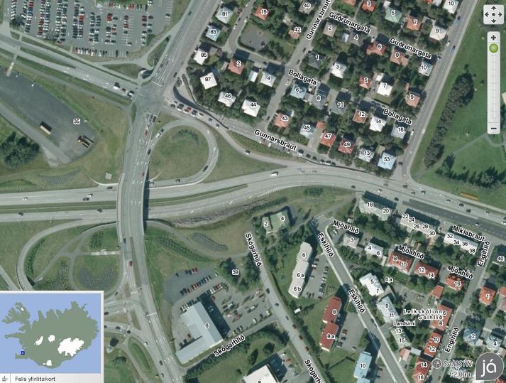 Loftmynd af óhappabeygjunni af vefnum ja.is.