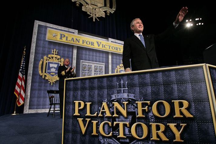 Fram til sigurs. 160.000 bandarískir hermenn eru í Írak í dag og segir Bush aðstæður í landinu ráða því hvenær þeir verði kallaðir heim.