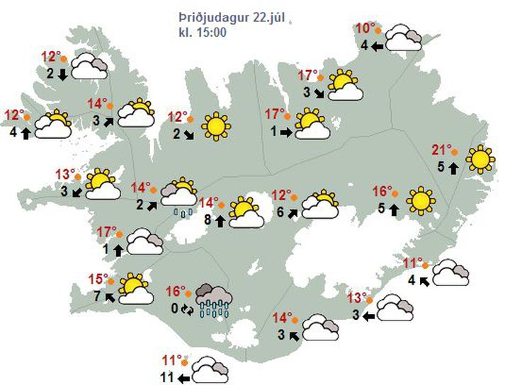 Svona lítur veðurspáin fyrir morgundaginn út.