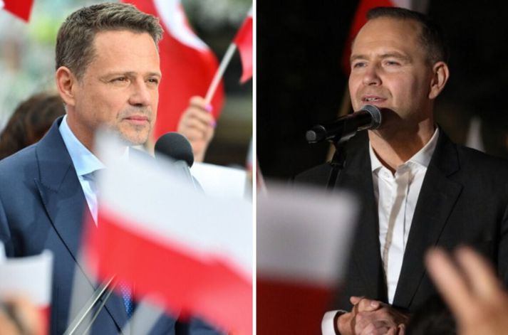 Rafal Trzaskowski, frjálslyndur borgarstjóri Varsjár, t.v., og Karol Nawrocki, íhaldssamur sagnfræðingur, t.h., takast á í kosningunum á morgun. 