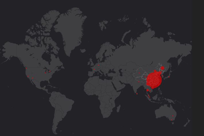 Skjáskot af kortinu. Eins og sjá má er mikill meirihluti staðfestra smittilfella í Kína.