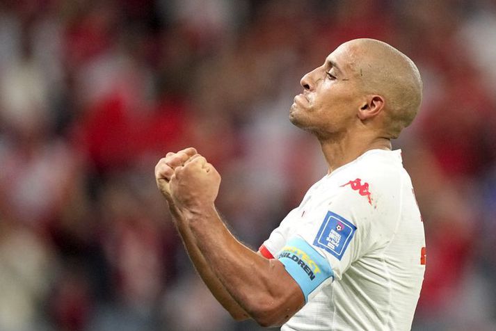 Wahbi Khazri fagnar marki sínu á móti Frökkum sem var það síðasta sem hann gerði í leiknum.