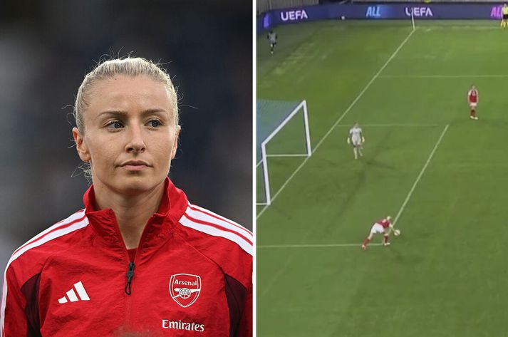 Leah Williamson gerði dýrkeypt mistök þegar hún tók boltann upp með höndum í gærkvöld.