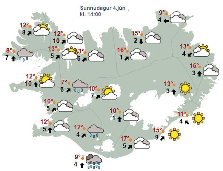 Hér má sjá Íslandskort af veðrinu klukkan tvö í dag. Eins og sjá má er ágætlega hlýtt þó það sé skýjað víða. Á Austurlandi er hins vegar sérstaklega hlýtt.