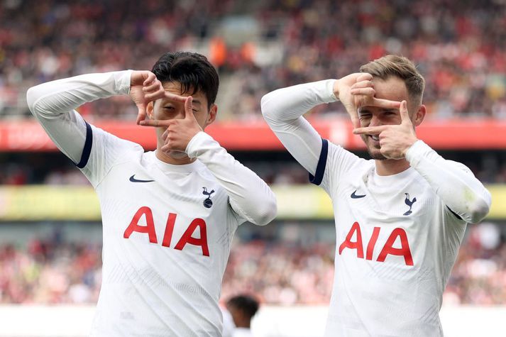 Heung-Min Son og James Maddison fagna seinna marki Tottenham sem Son skoraði og Maddison lagði upp, líkt og fyrra mark Tottenham.
