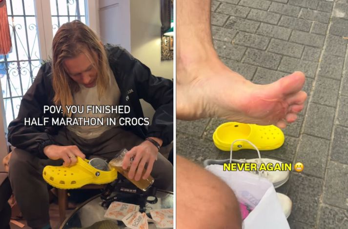 Iskander Yadgarov sýndi fylgjendum sínum hvernig iljarnar litu út eftir hlaupið og fékk sér sopa úr skónum.