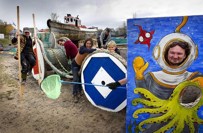 Undirbúningur var í fullum gangi þegar ljósmyndari kom við á leikvellinum. Frá vinstri: Inga María, Almar, Linda Mjöll, Liljar Már og Árni Þór. Þörbjörn Emil skellti sér í kafarabúning. 