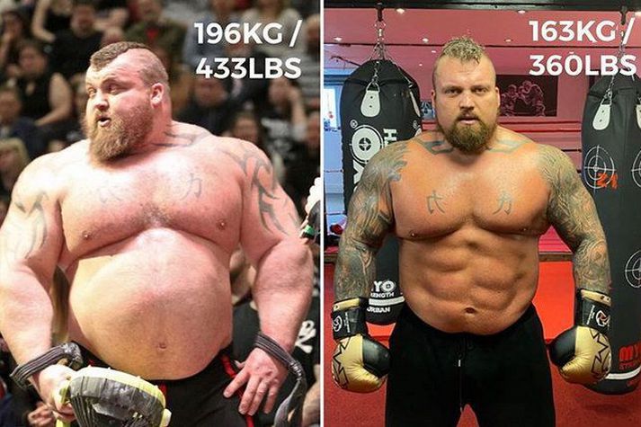 Eddie Hall setti þessar tvær myndir inn á Instagam reikninginn sinn þar sem sést vel hvað hann hefur bætt sitt form á þessum tíma.