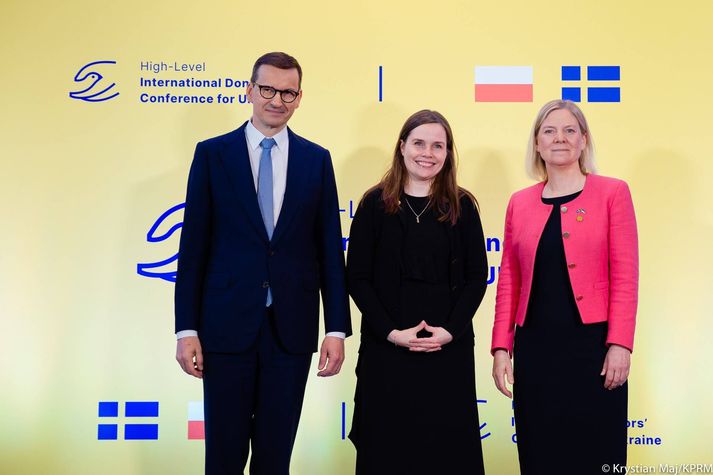 Katrín Jakobsdóttir forsætisráðherra ásamt Mateusz Morawiecki, forsætisráðherra Póllands, og Magdalenu Andersson, forsætisráðherra Svíþjóðar.