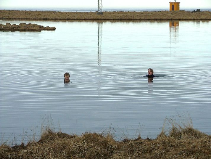 Myndin er frá 2005. Þar sjást unglingar synda í vatnsmikilli tjörninni sem er ekki svipur hjá sjón í dag.