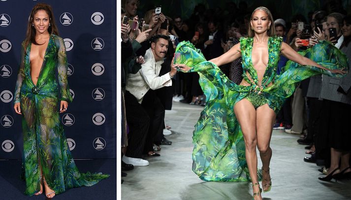 Jennifer Lopez árið 2000 til vinstri, Jennifer Lopez árið 2019 til hægri.