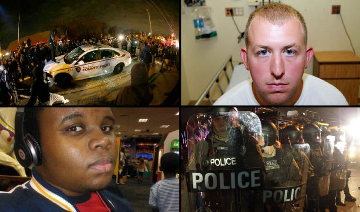 Lögreglumaðurinn Darren Wilson segir að hinn 18 ára Michael Brown hafi reynt að ná af sér byssunni.