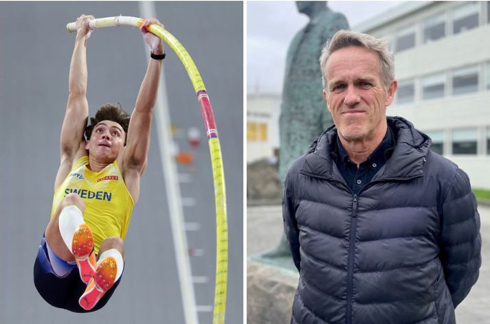 Mondo Duplantis með eina af nýju stöngunum sem hann nýtti til að verða heimsmeistari. Vésteinn Hafsteinsson var á meðal þeirra sem tóku þátt í leit að stöngunum þegar þær týndust.