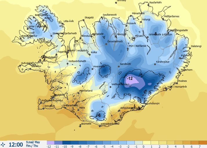 Það er ekki beint vorlegt hitakortið fyrir fimmtudaginn.