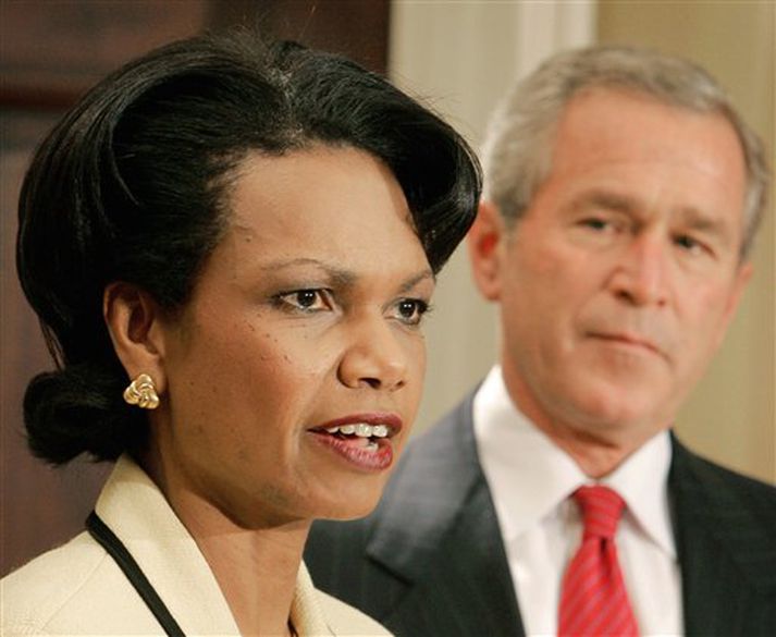 Condoleezza Rice, utanríkisráðherra Bandaríkjanna, og George Bush, forseti landsins