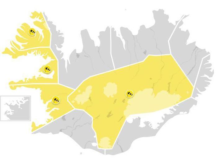 Gular viðvaranir taka gildi um og eftir hádegi.