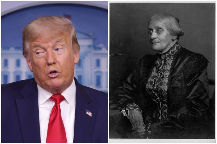 Donald Trump hyggst náða Susan B Anthony kvenréttindafrumkvöðul en hún var dæmd til að greiða hundrað dollara sekt fyrir ólöglega atkvæðagreiðslu árið 1872. Hún greiddi sektina aldrei í mótmælaskyni.