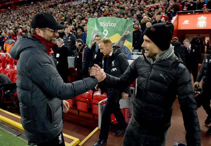 Pep Guardiola og Jürgen Klopp fyrir síðasta leik þeirra.