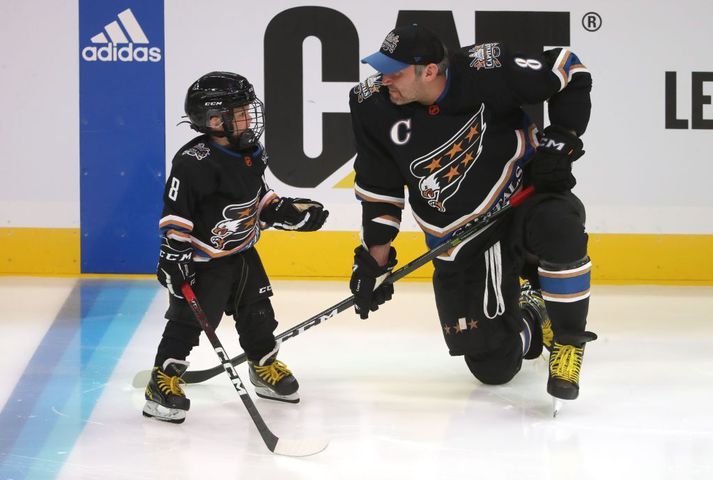 2023 NHL All-Star - Skills Competition SUNRISE, FLORIDA - FEBRUARY 03: Alex Ovechkin #8 of the Washington Capitals takes a knee during the 2023 NHL All-Star Skills Competition at FLA Live Arena on February 03, 2023 in Sunrise, Florida. (Photo by Chase Agnello-Dean/NHLI via Getty Images)