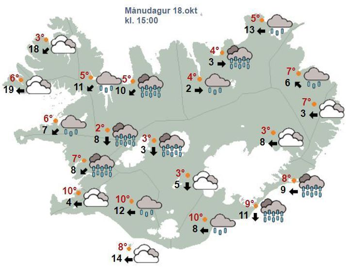 Hiti á landinu verður á bilinu þrjú til ellefu stig þar sem hlýjast verður syðst. Á Vestfjörðum verður þó norðaustan átján til 23 metrar á sekúndu með slyddu og hita núll til þrjú stig.