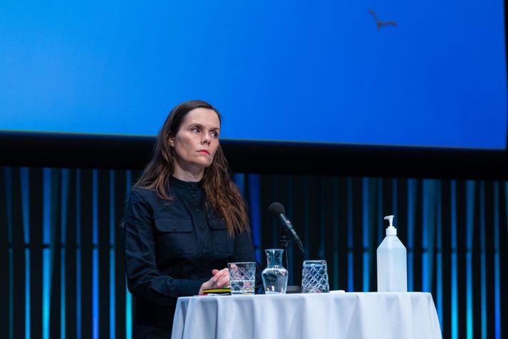 Katrín Jakobsdóttir, forsætisráðherra, á kynningarfundi í Hörpu um helgina þar sem efnahagsaðgerðir vegna COVID-19 voru kynntar.