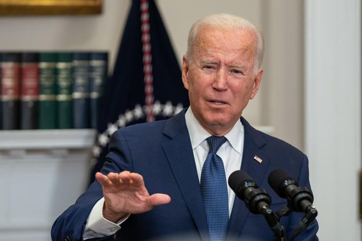 Biden ræddi stöðuna í Afganistan á blaðamannafundi í Hvíta húsinu í gær.