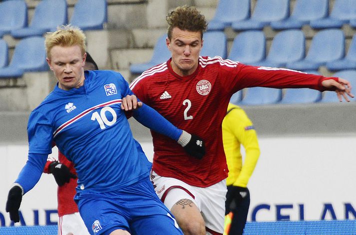 Scholz í baráttu við Stjörnumanninn Þorra Geir Rúnarsson á Laugardalsvellinum er U-21 lið Íslands og Danmerkur mættust í haust.