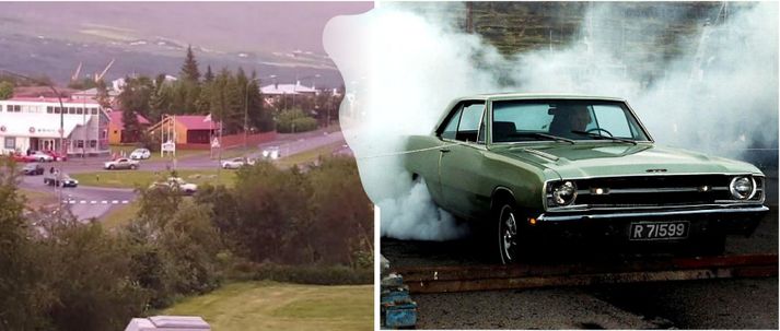 Sjö bílar reykspóluðu með tilheyrandri ískri og hávaða dágóða stund á hringtorgi á Akureyri í nótt.